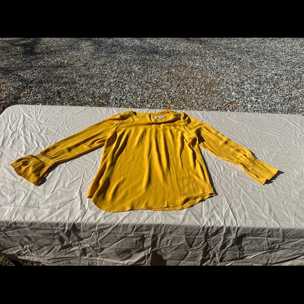 LOFT Mustard Yellow Long-Sleeve Blouse with Flared Cuffs